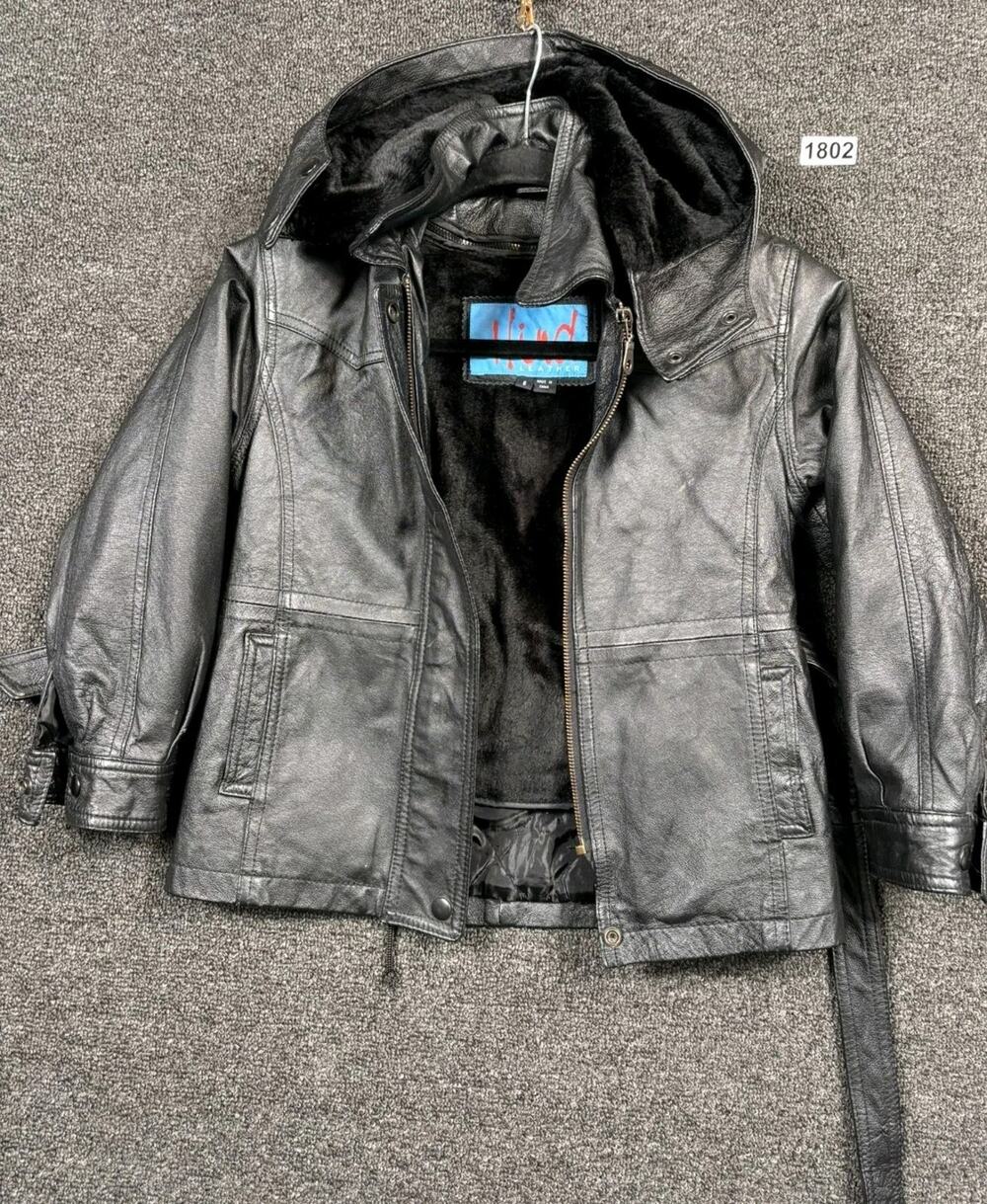 VTG Hind Genuine Leather Motorcycle Jacket Full Zip Hooded Womens Size 6 Black